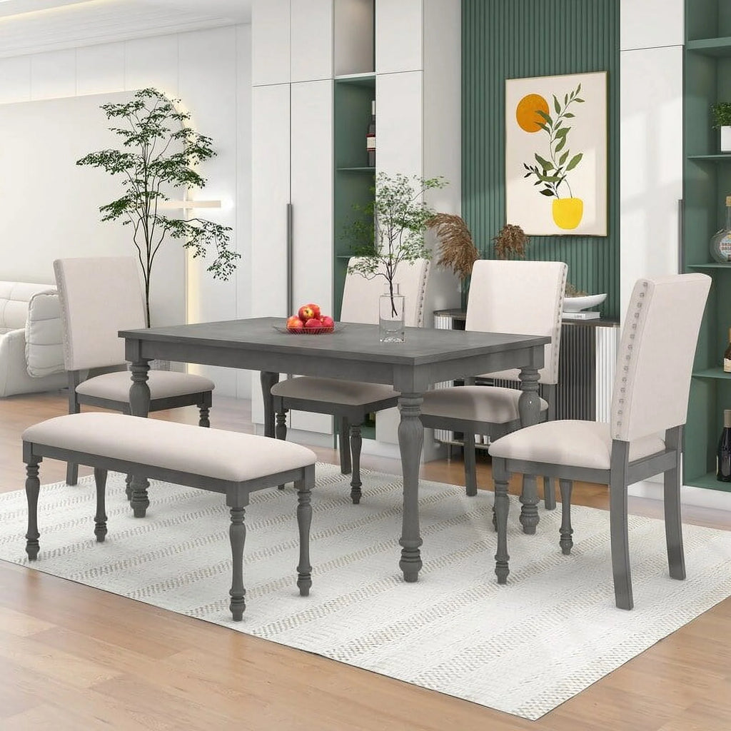 6 Piece Dining Table Set with Wooden Table 4 Upholstered Chairs and Bench H787