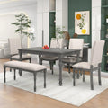 6 Piece Dining Table Set with Wooden Table 4 Upholstered Chairs and Bench H787