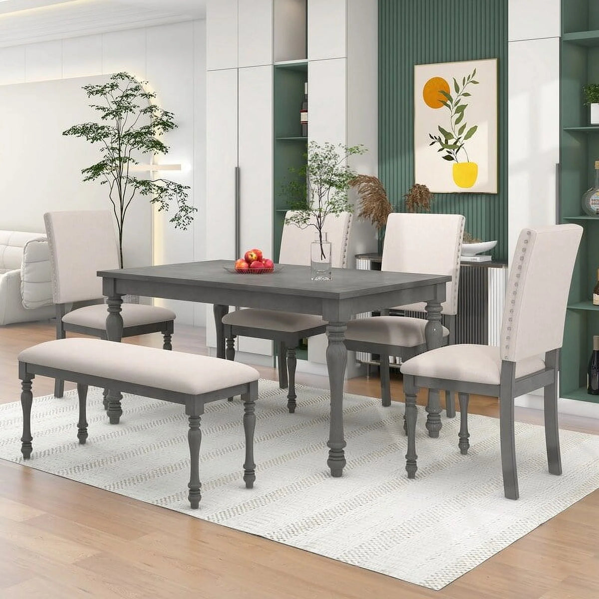 6 Piece Dining Table Set with Wooden Table 4 Upholstered Chairs and Bench H787