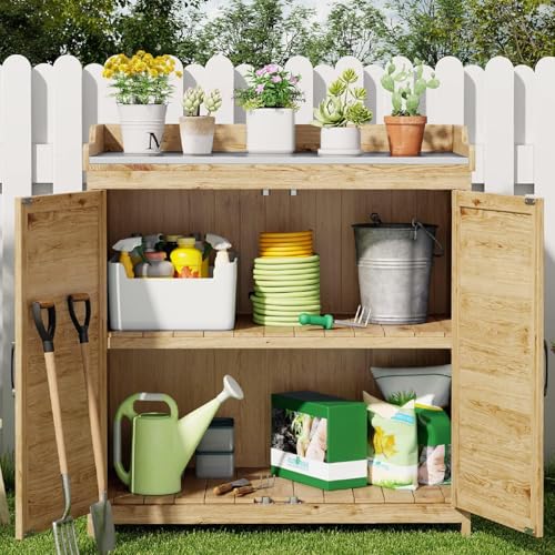 Outdoor Potting Bench with Metal Tabletop and Adjustable Shelf A5187