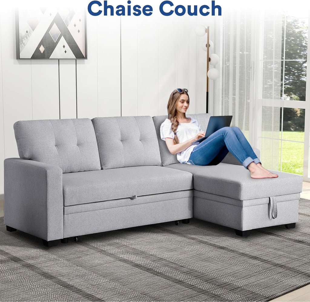 Light Gray L Shaped Couch with Pull Out Bed and Storage Sectional Sleeper Sofa H6147