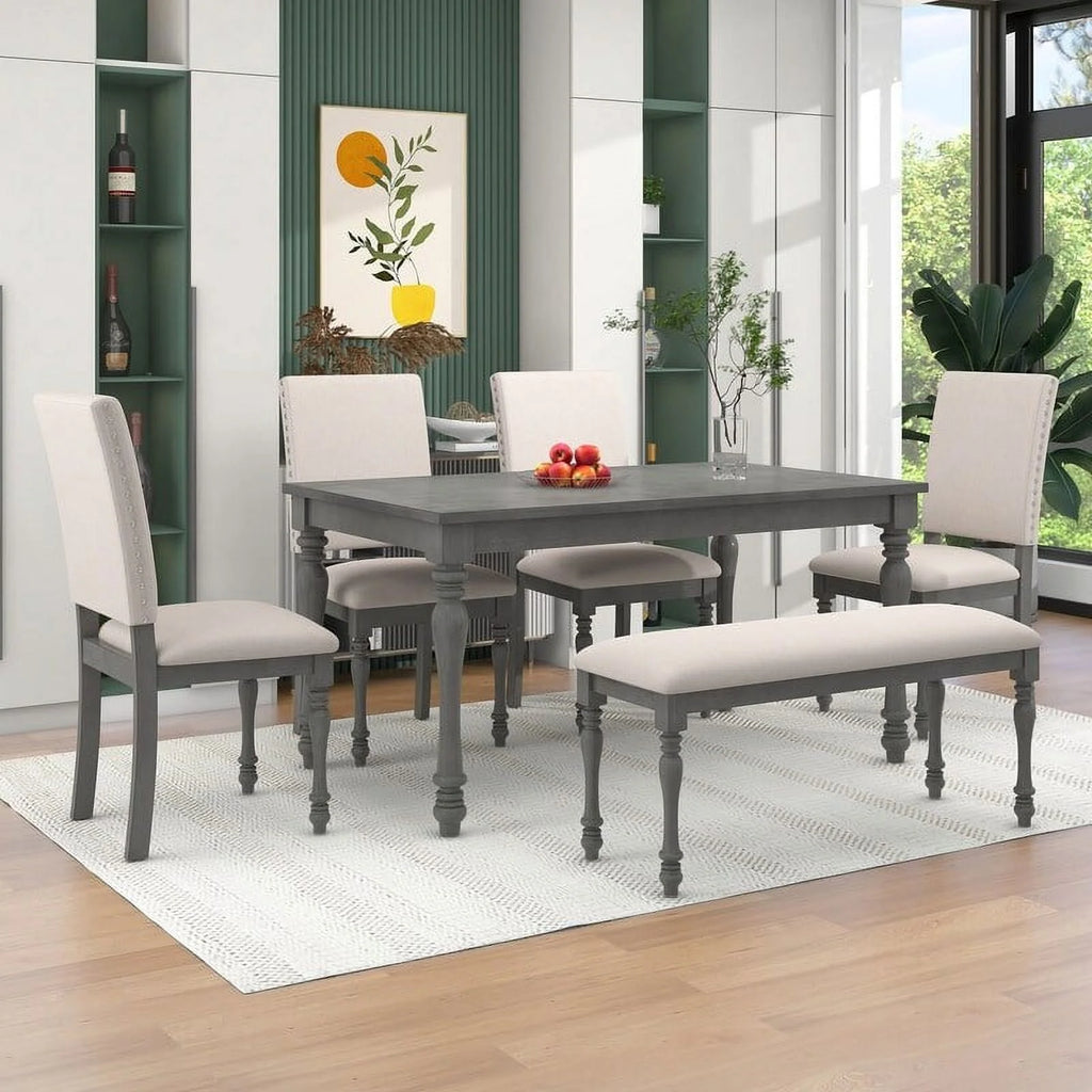 6 Piece Dining Table Set with Wooden Table 4 Upholstered Chairs and Bench H787