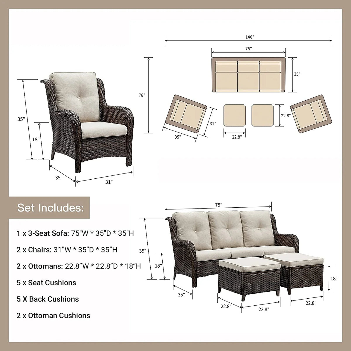 5 PC Brown Beige Patio Rattan Wicker Sectional Sofa Set T331