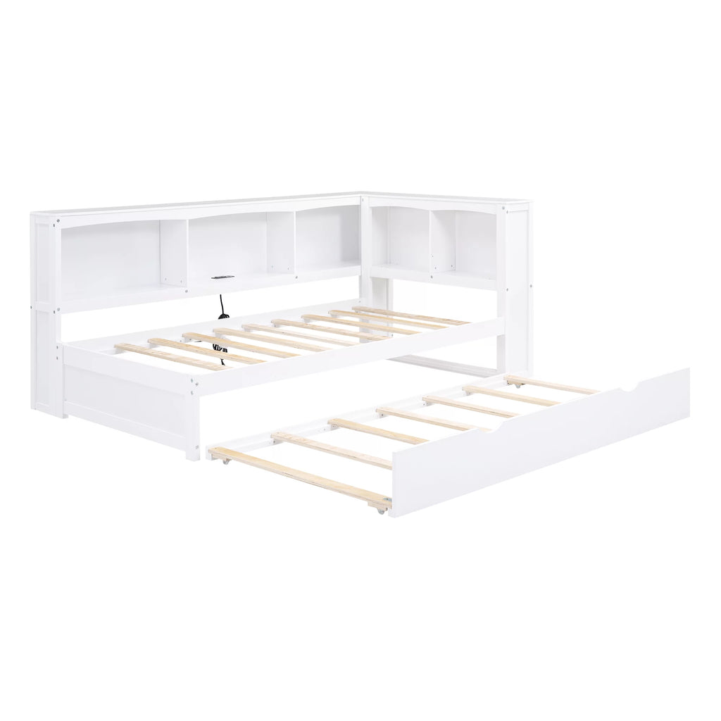 Twin over Twin Size Wood Daybed with Trundle and Storage Cabinets (White) Q866254