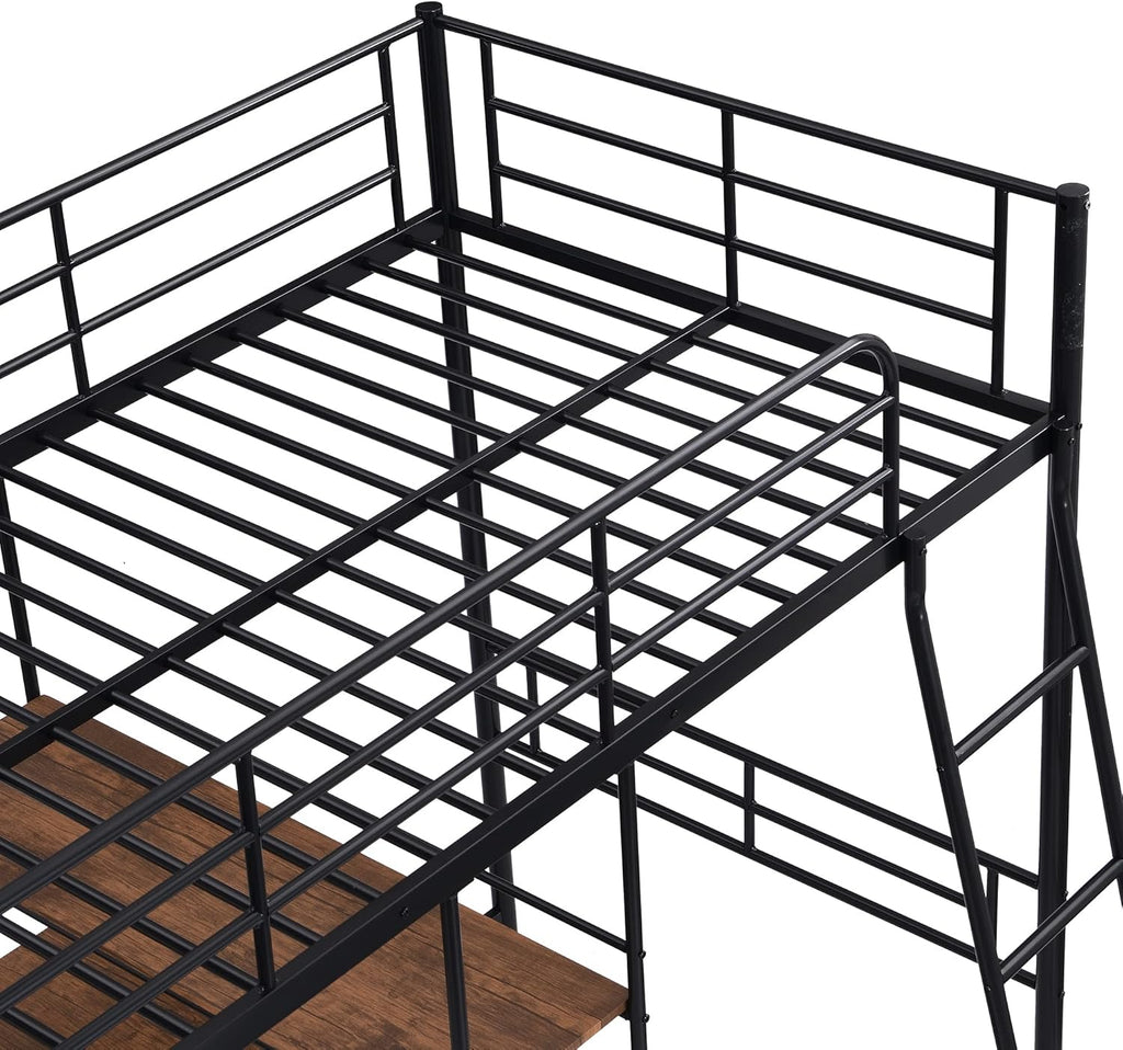 Black Metal Twin Size Loft Bed with Built-in Desk and Shelves Z465
