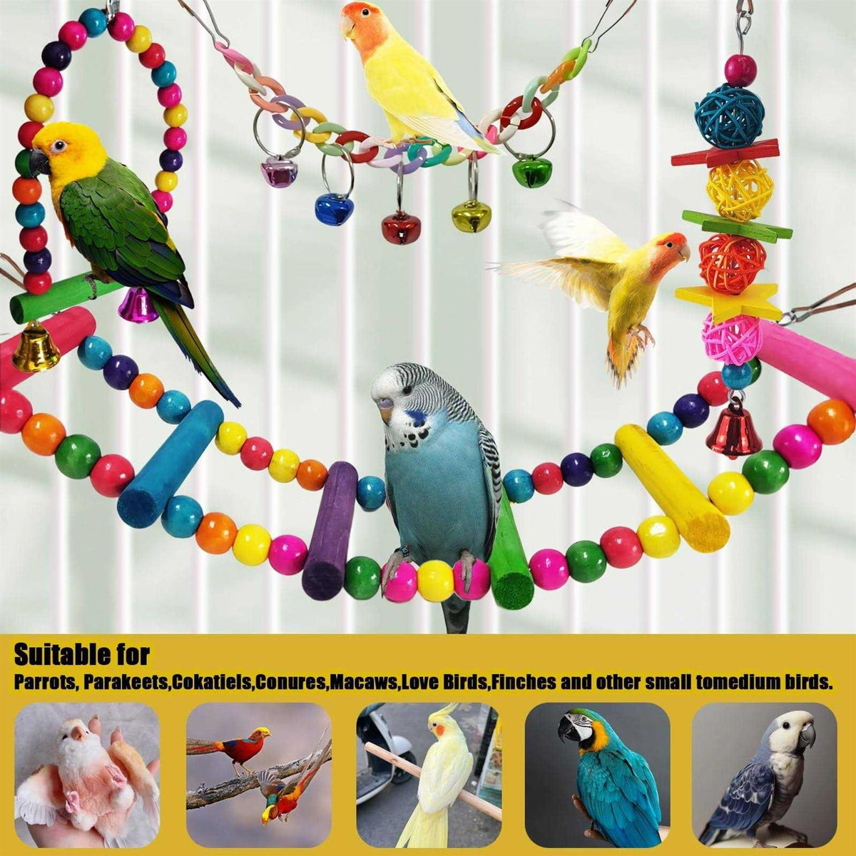 7 Pcs Colorful Bird Toys with Hammock Swing Ladders Mirror Bell Perch P852492