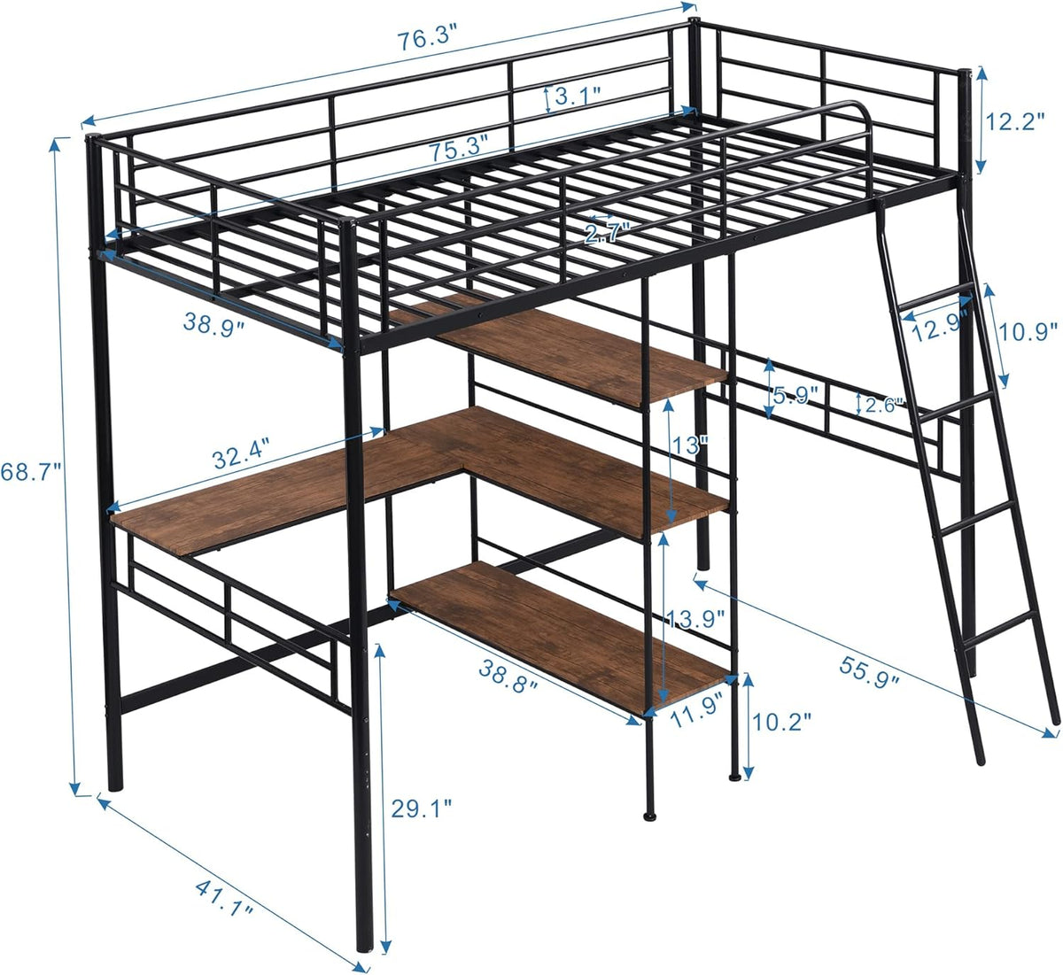 Black Metal Twin Size Loft Bed with Built-in Desk and Shelves Z465