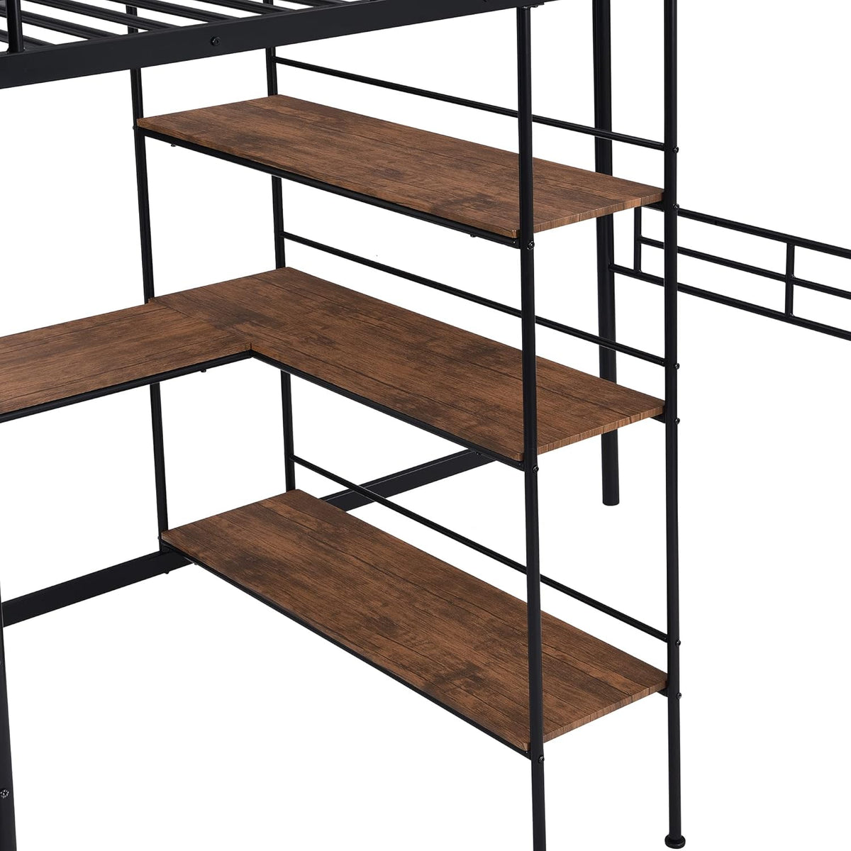 Black Metal Twin Size Loft Bed with Built-in Desk and Shelves Z465