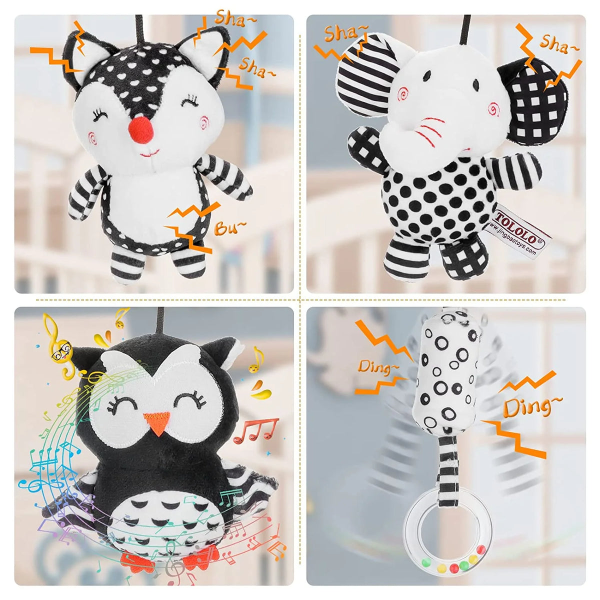 Black and White High Contrast Soft Plush Baby Rattle Toys W9339