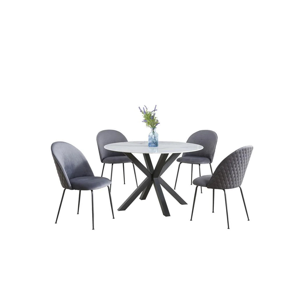 White Marble Dining Table with Glass and Gray Chairs G2885