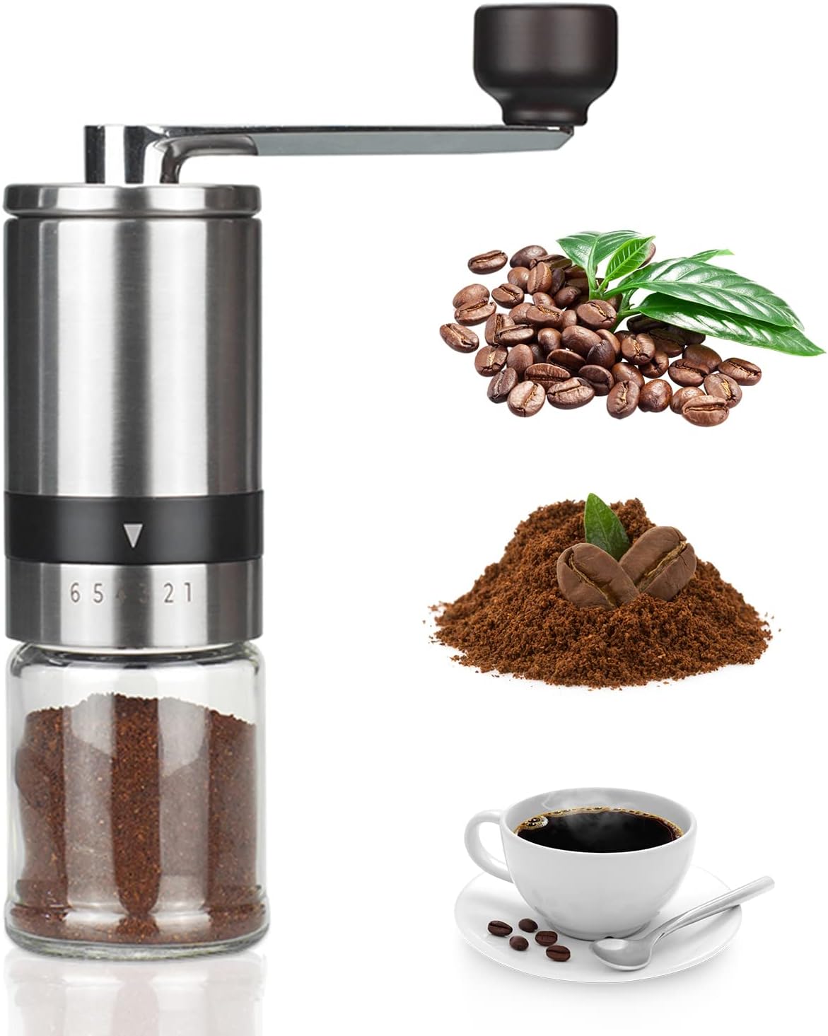 Manual Coffee Bean Grinder Stainless Steel Ceramic Burrs 15 Adjustable Setting Portable Hand Crank Mill X367148