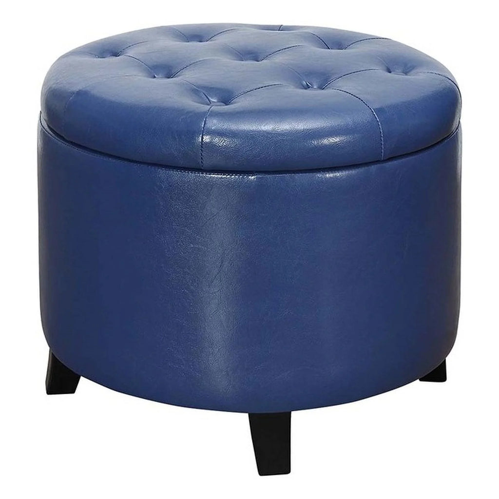 Blue Faux Leather Round Ottoman Q619