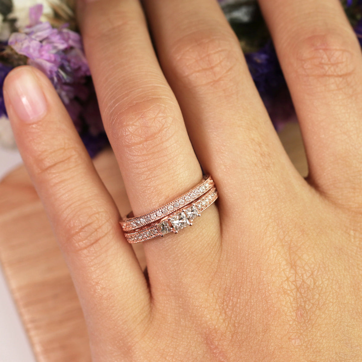 18K Rose Gold over Silver Three Stone Ring Set I186