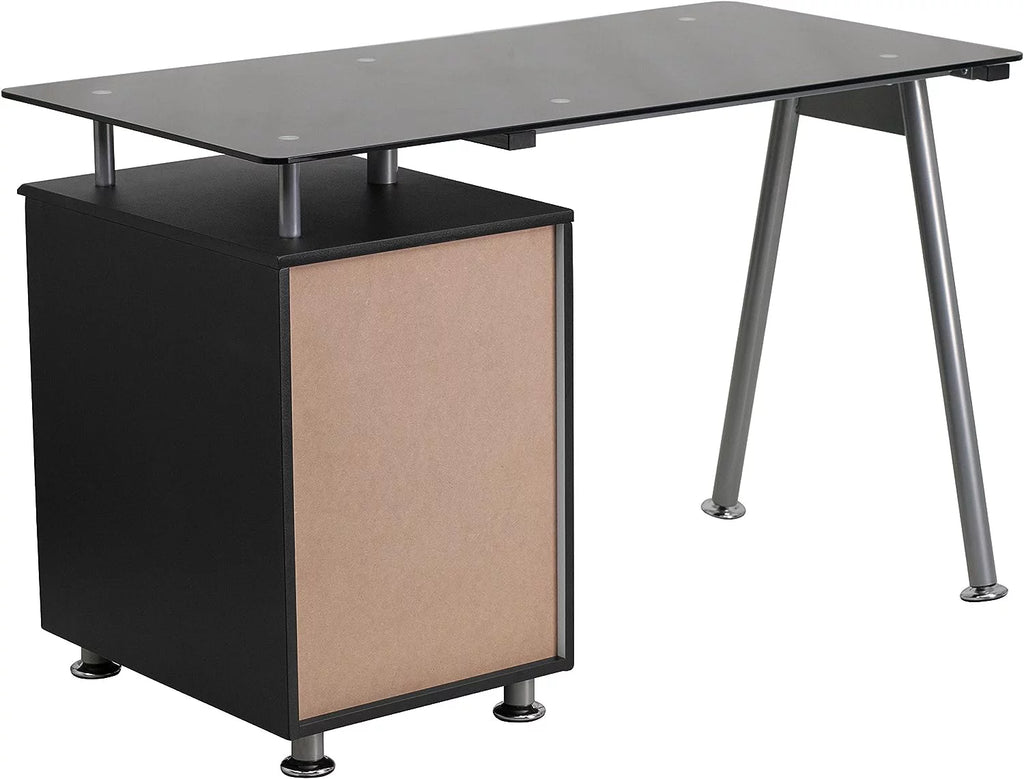 Black Glass Computer Desk with Three Drawer Pedestal U47071
