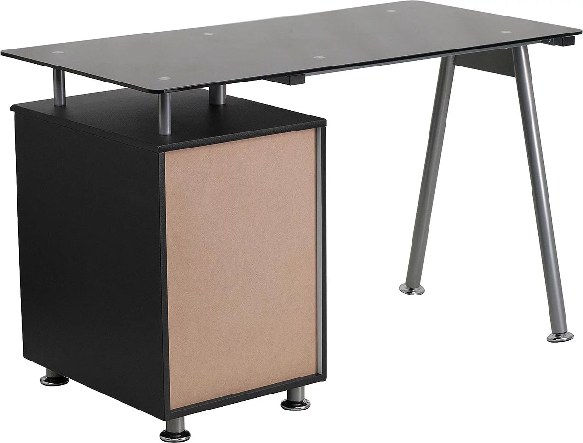 Black Glass Computer Desk with Three Drawer Pedestal U47071