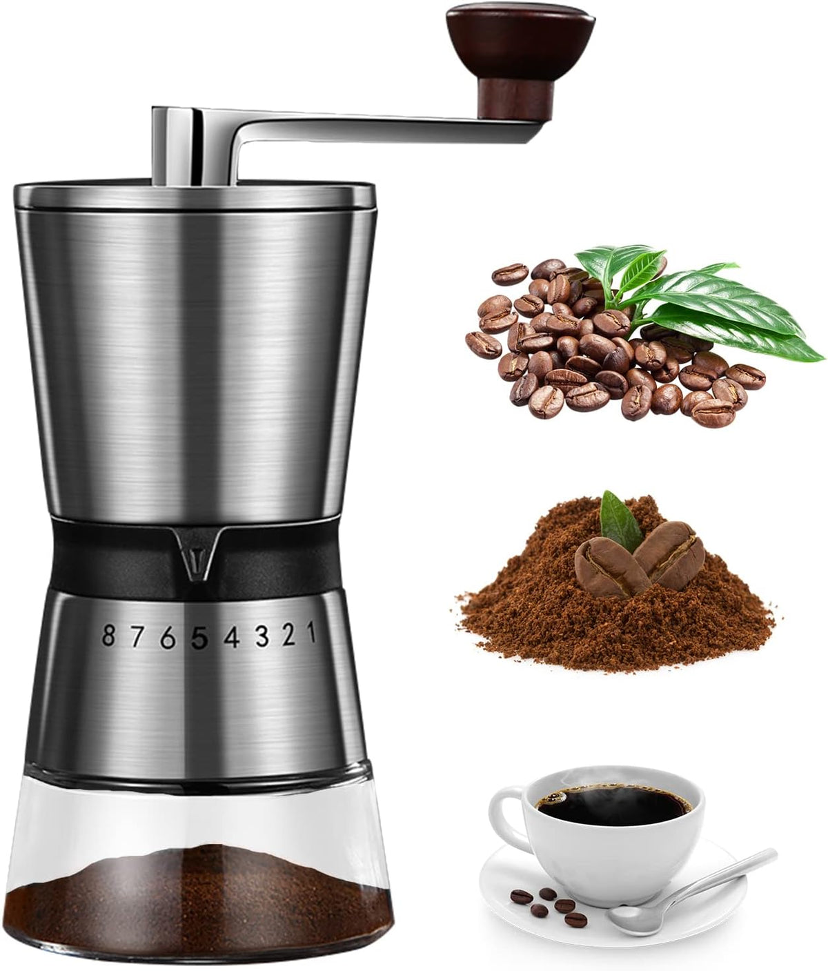 Manual Coffee Bean Grinder Stainless Steel Ceramic Burrs 15 Adjustable Setting Portable Hand Crank Mill X367148
