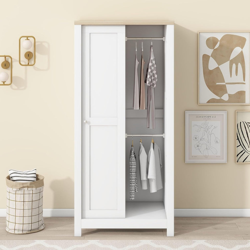 White Freestanding Wooden Wardrobe with 1 Sliding Door and 2 Drawers Q341650