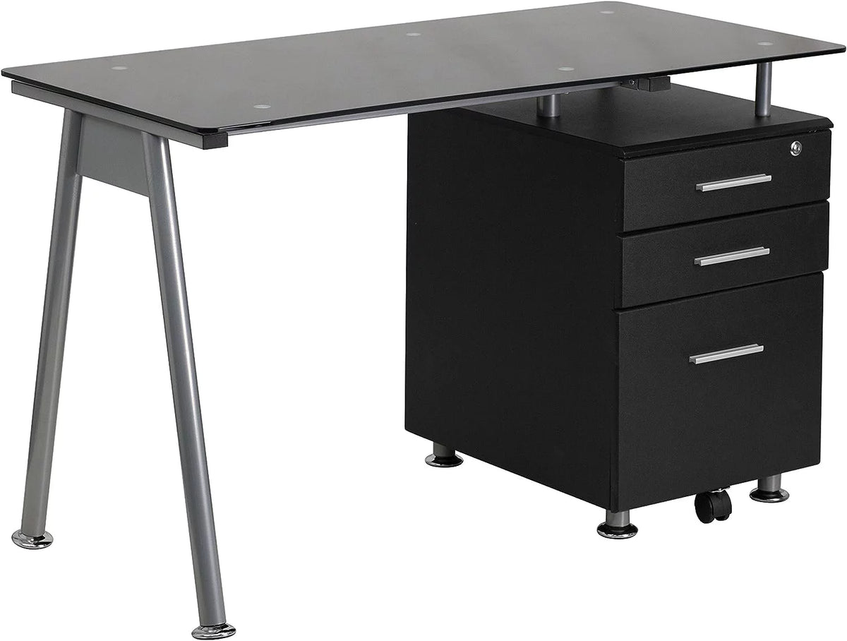 Black Glass Computer Desk with Three Drawer Pedestal U47071