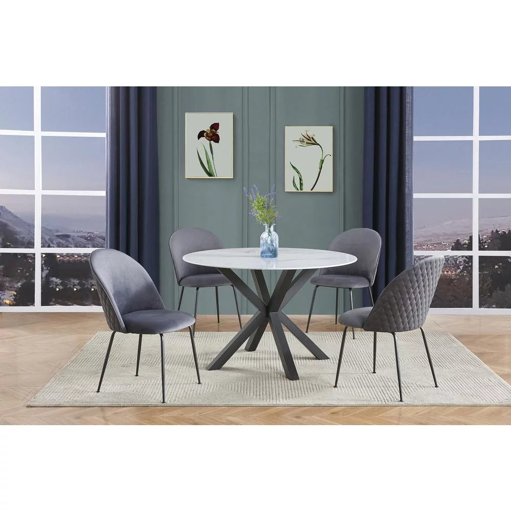 White Marble Dining Table with Glass and Gray Chairs G2885