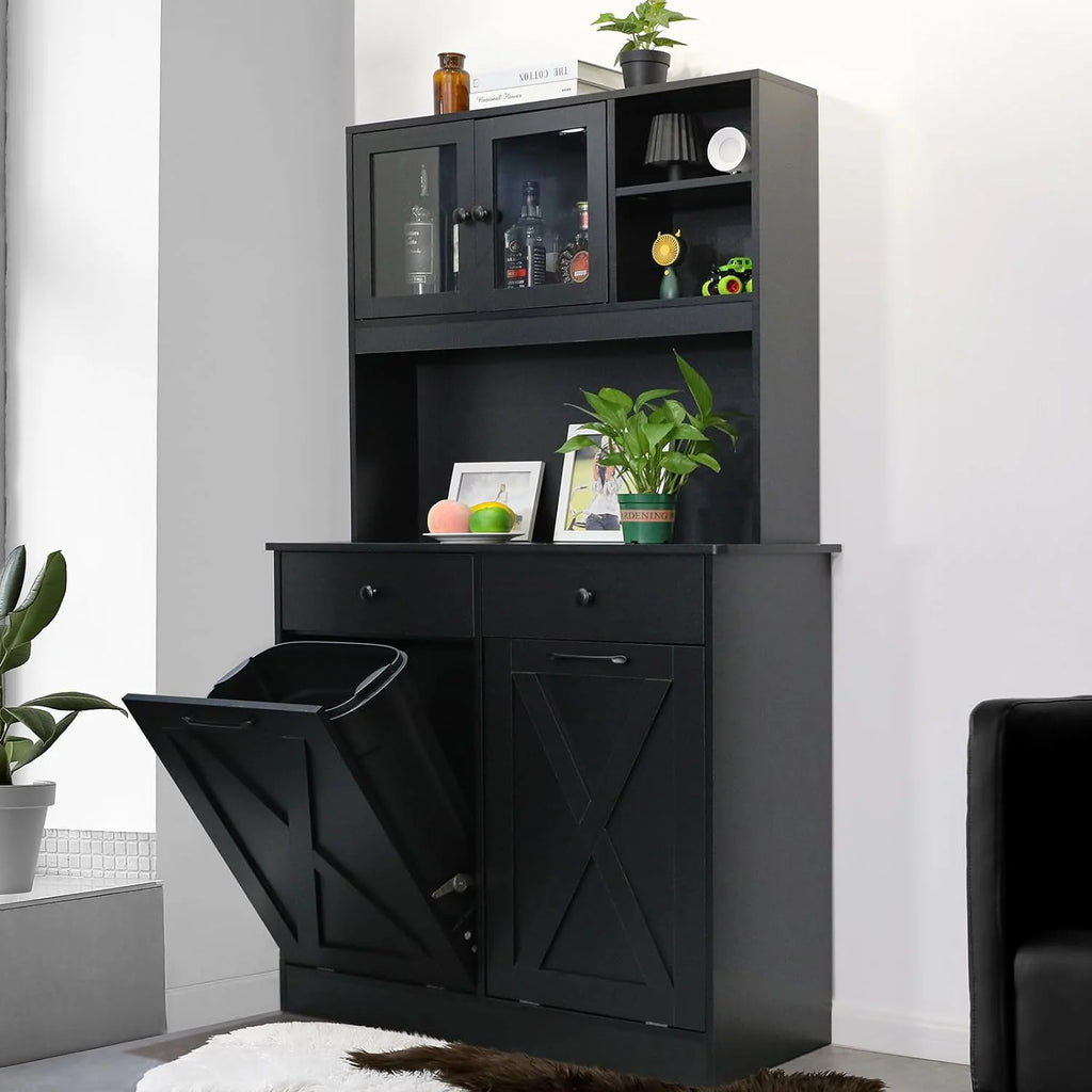 Wooden Double Tilt Out Trash Cabinet with Drawers, Shelves V645692