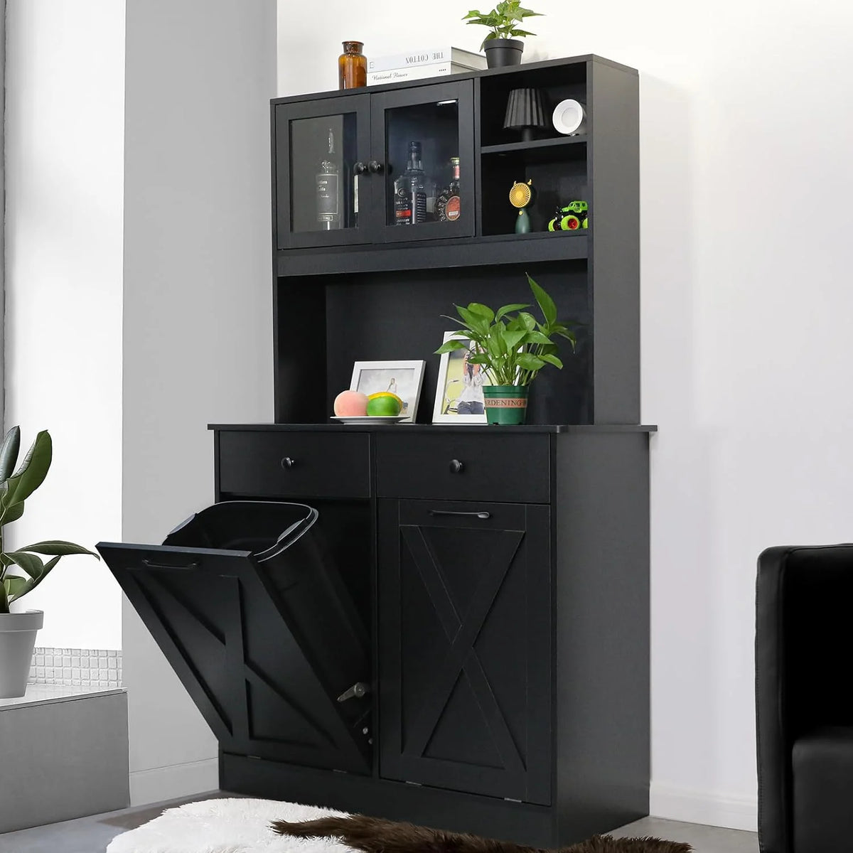 Wooden Double Tilt Out Trash Cabinet with Drawers, Shelves V645692