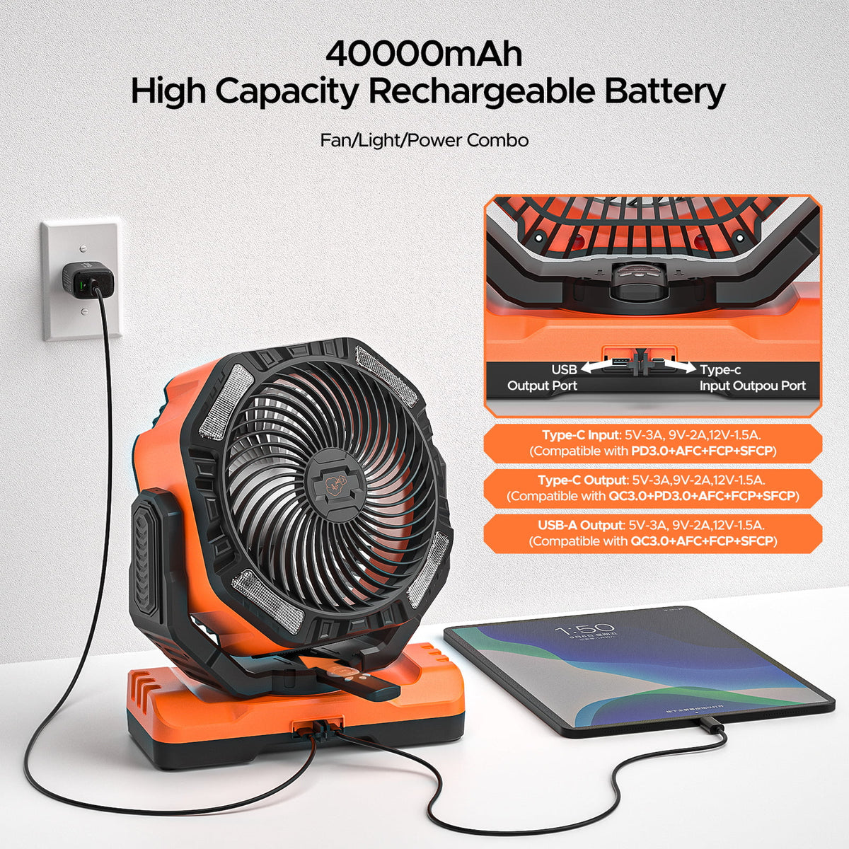 Portable Rechargeable Camping Fan with LED Light D534023