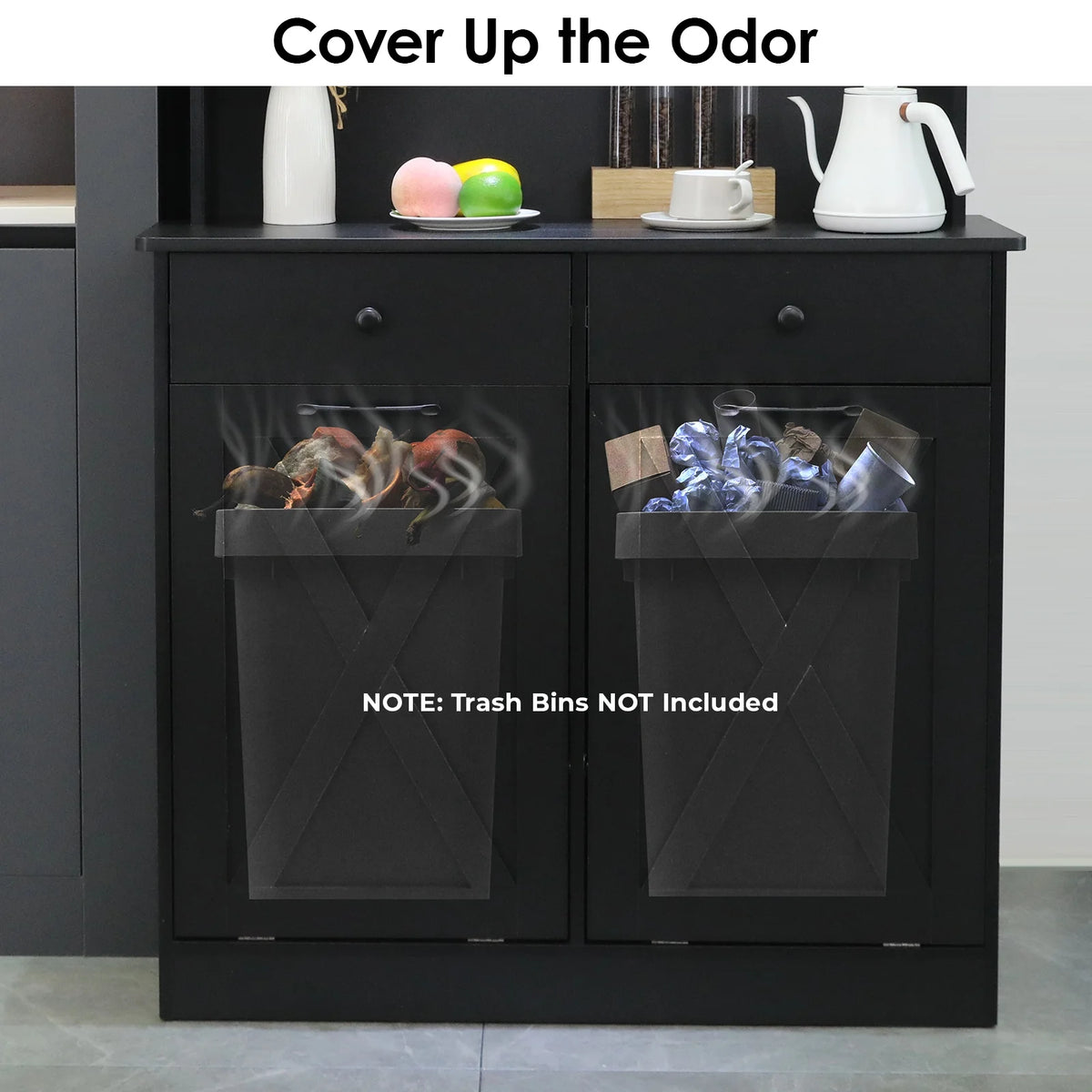 Wooden Double Tilt Out Trash Cabinet with Drawers, Shelves V645692