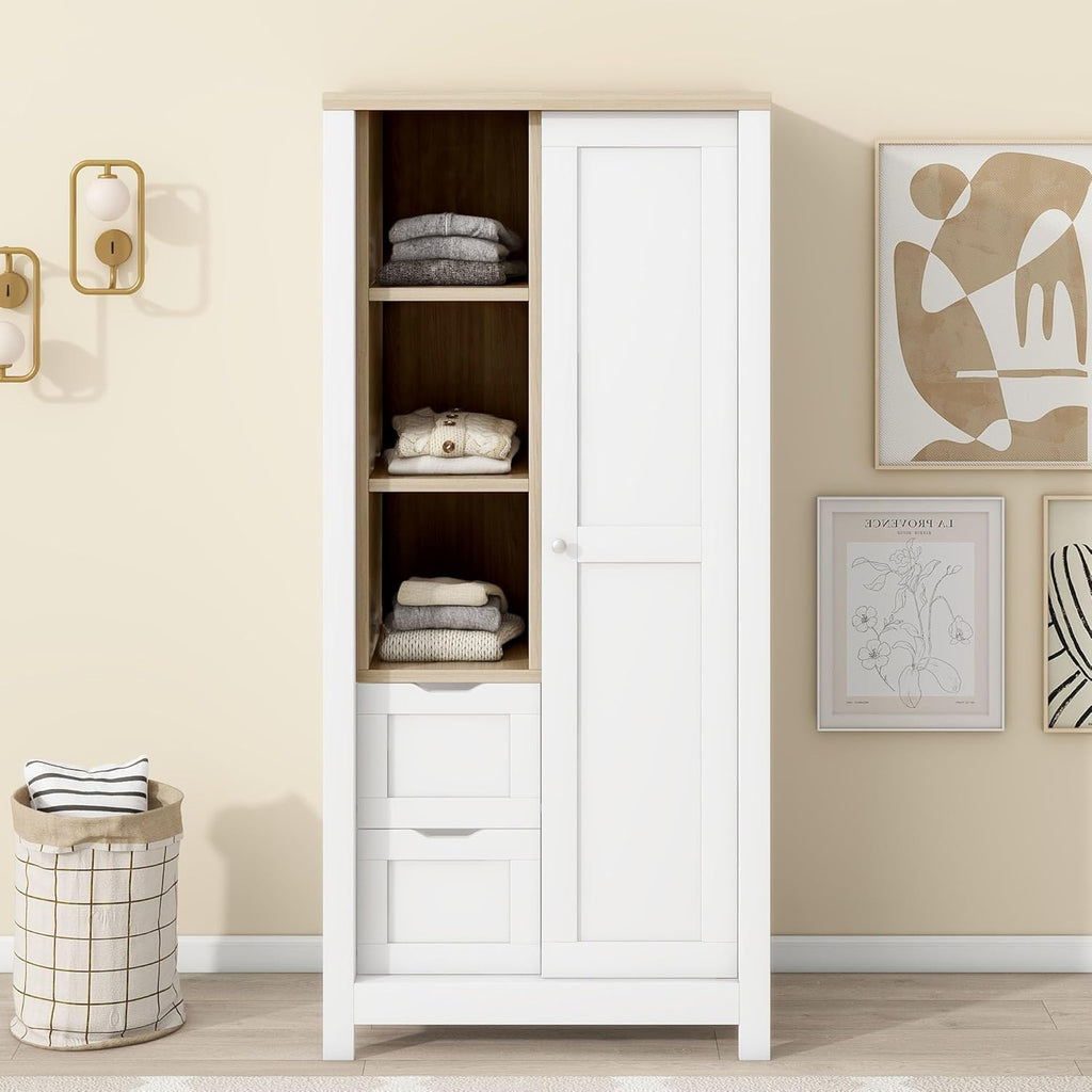 White Freestanding Wooden Wardrobe with 1 Sliding Door and 2 Drawers Q341650