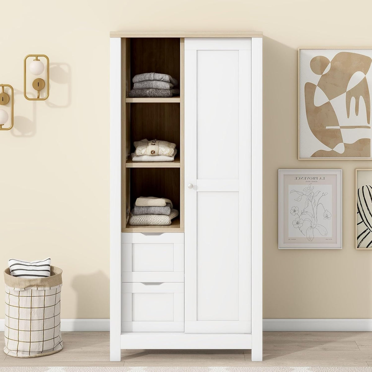 White Freestanding Wooden Wardrobe with 1 Sliding Door and 2 Drawers Q341650