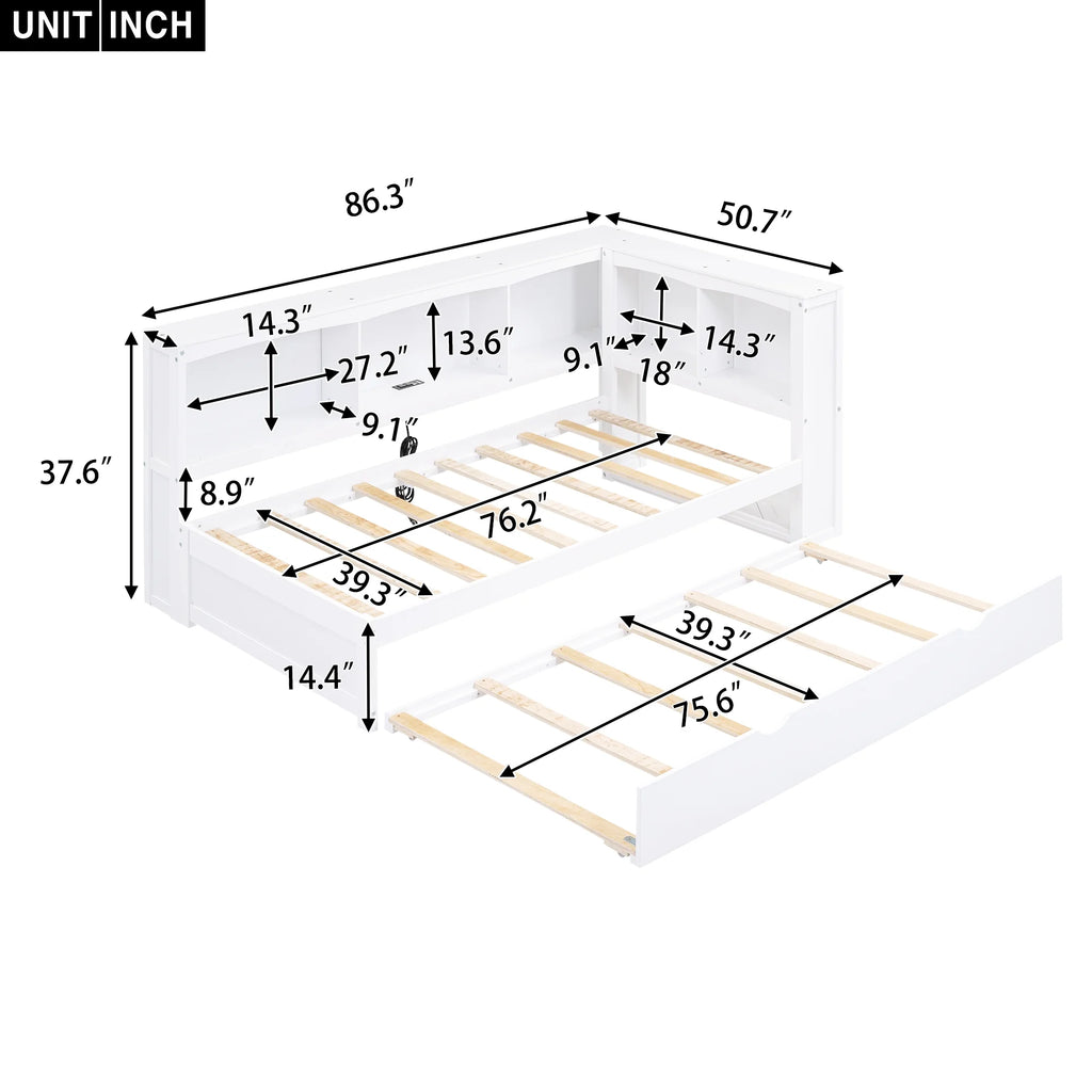 Twin over Twin Size Wood Daybed with Trundle and Storage Cabinets (White) Q866254