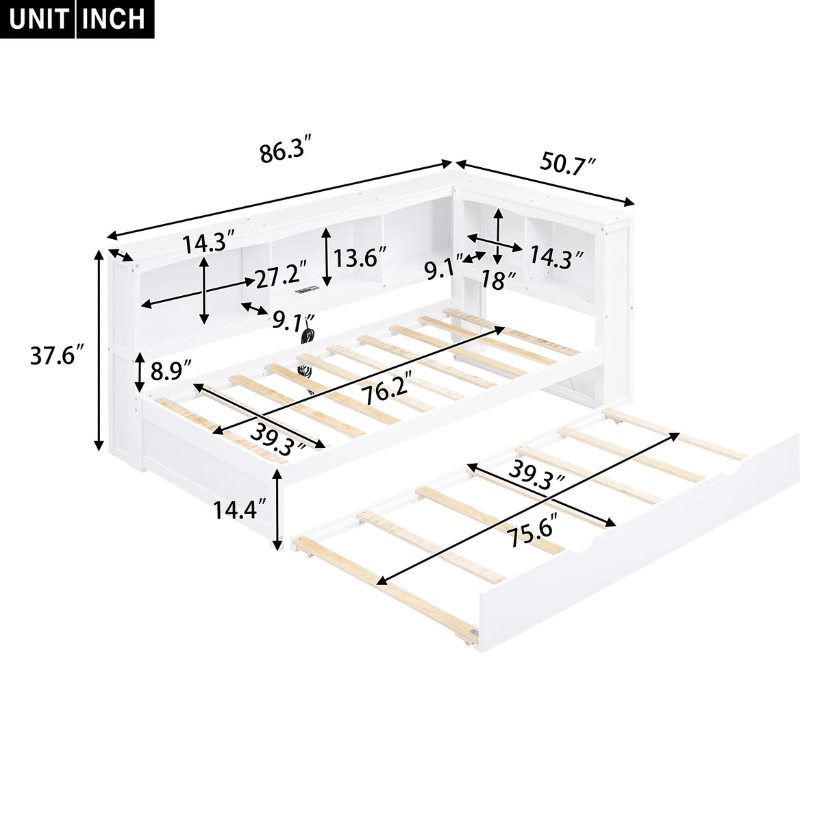 Twin over Twin Size Wood Daybed with Trundle and Storage Cabinets (White) Q866254