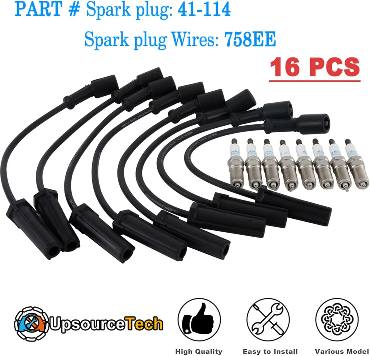 8x Spark Plug Wires & 41-114 Spark Plugs Set, Pack of 2 Z951861
