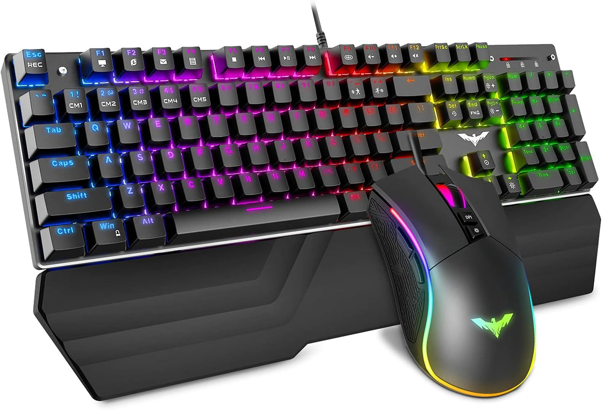 Mechanical Keyboard and Mouse Combo RGB Gaming 104 Keys Blue Switches Wired USB with Detachable Wrist Rest, Programmable Gaming Mouse (Black) Q15801
