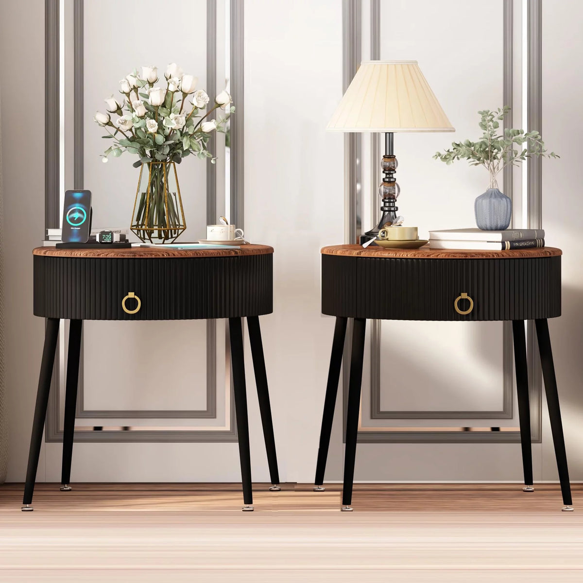Black Metal End Table Set of 2 with Drawer P91627
