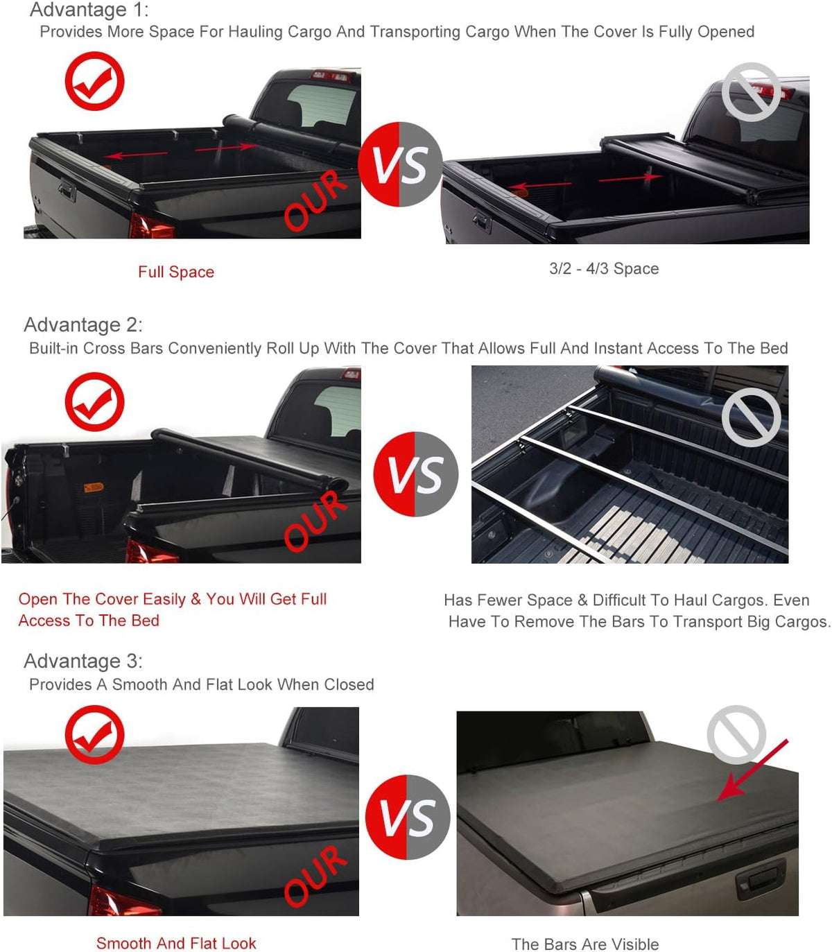Soft Roll-Up Tonneau Cover for Chevy Silverado GMC Sierra 1500 2500HD 3500HD Fleetside Bed Z750