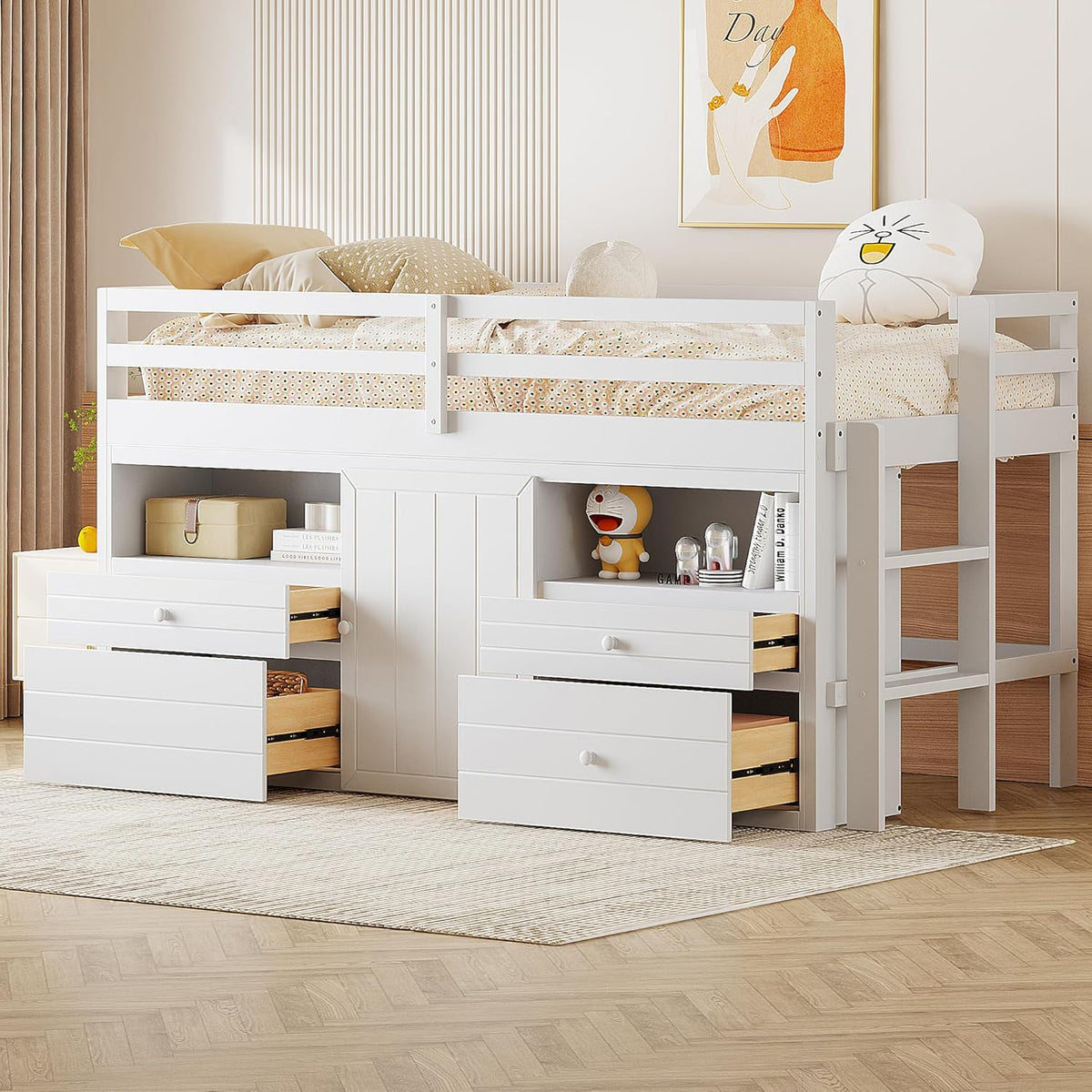 White Wooden Twin Size Loft Bed with 4 Drawers S71216