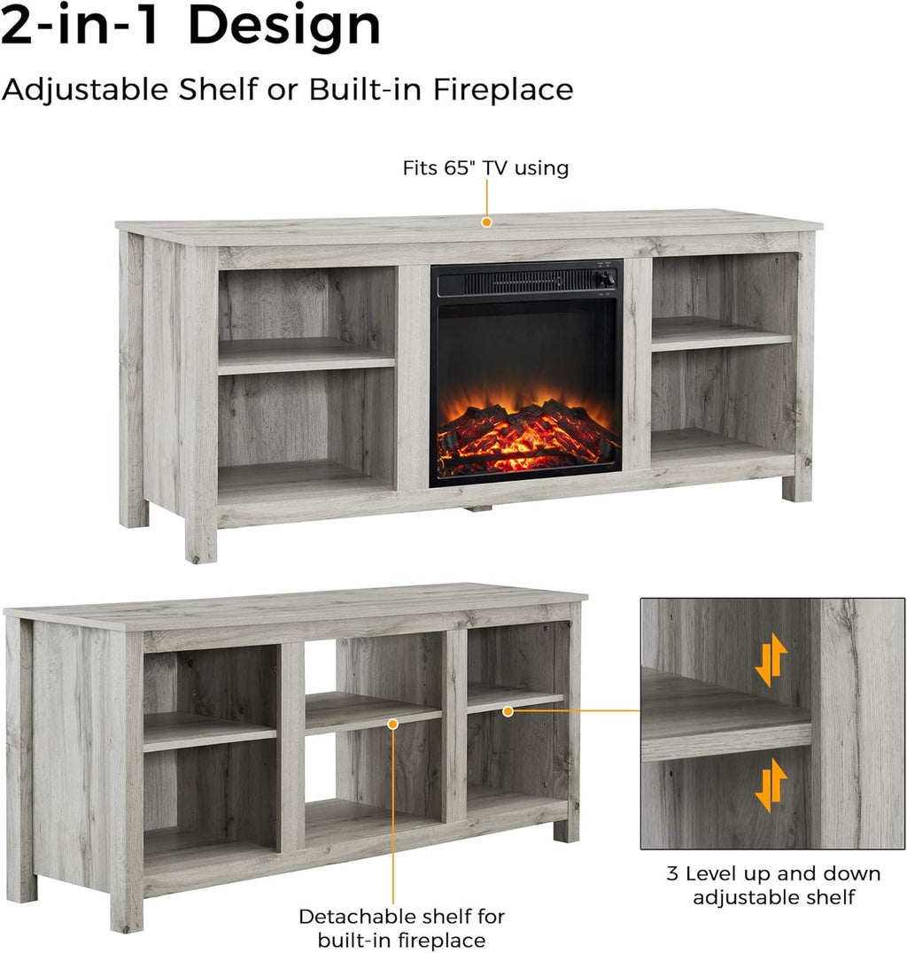 Light Grey Farmhouse Wooden TV Stand with Electric Fireplace P23633