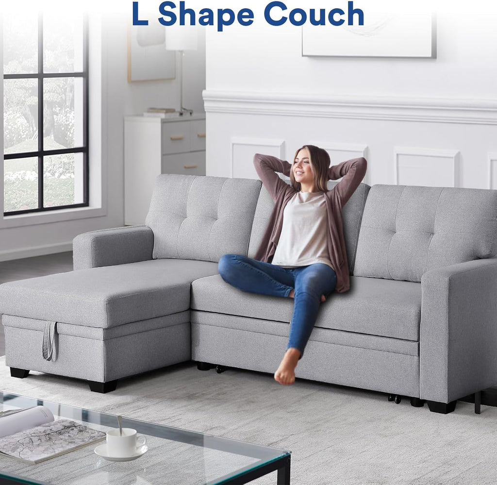 Light Gray L Shaped Couch with Pull Out Bed and Storage Sectional Sleeper Sofa H6147