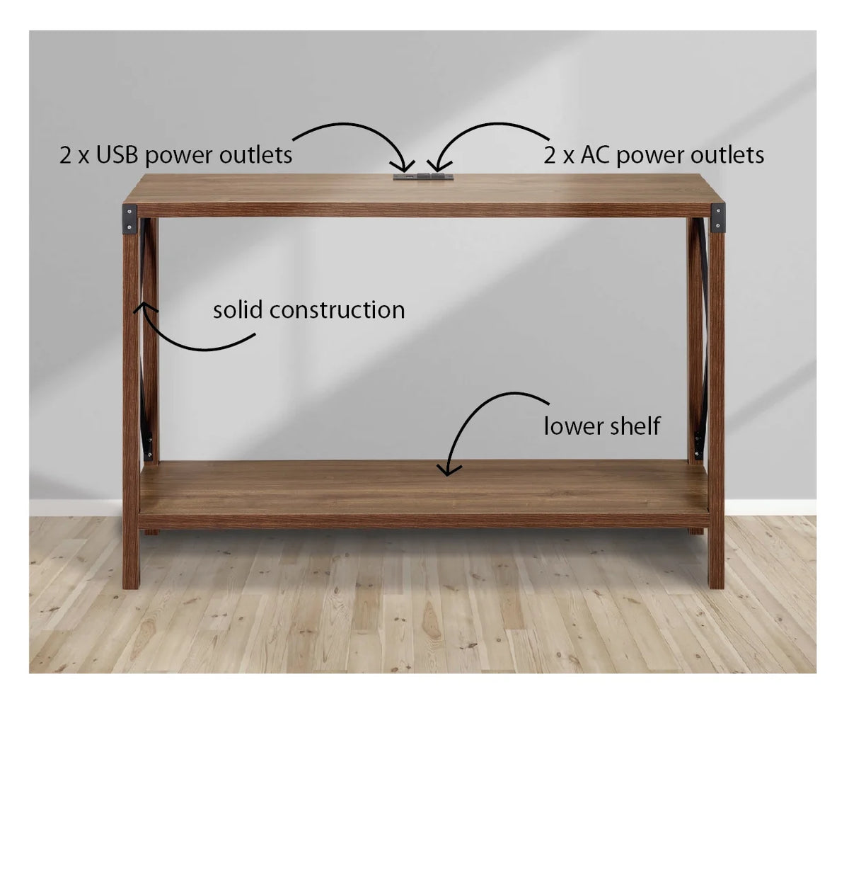 Walnut Wood Console Table with AC Power and USB Charging Ports P92889