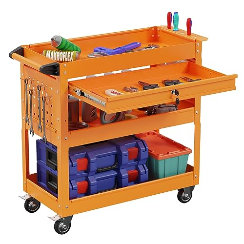 3-Tier Heavy Duty Utility Cart with Drawer, 350 Lbs Load Capacity (Black) M2162