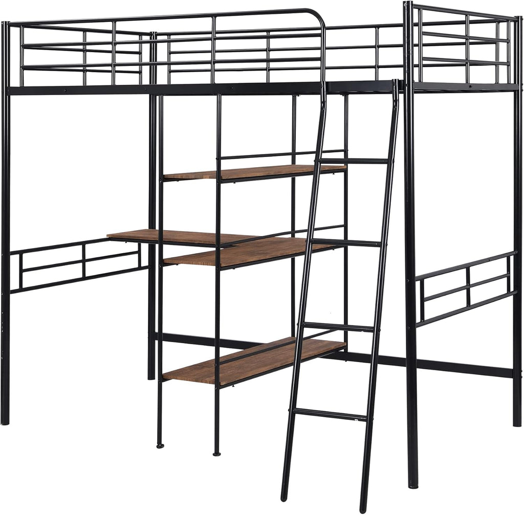 Black Metal Twin Size Loft Bed with Built-in Desk and Shelves Z465