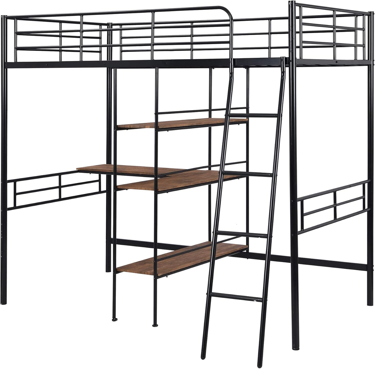 Black Metal Twin Size Loft Bed with Built-in Desk and Shelves Z465
