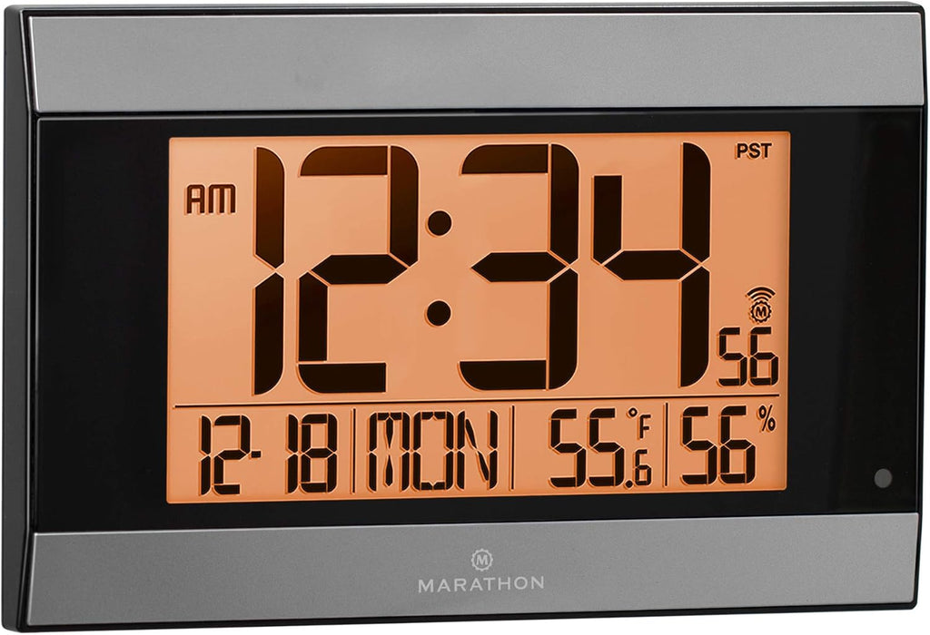 Large Atomic Wall Clock with Auto Backlight, Calendar, Temperature, and Humidity S604