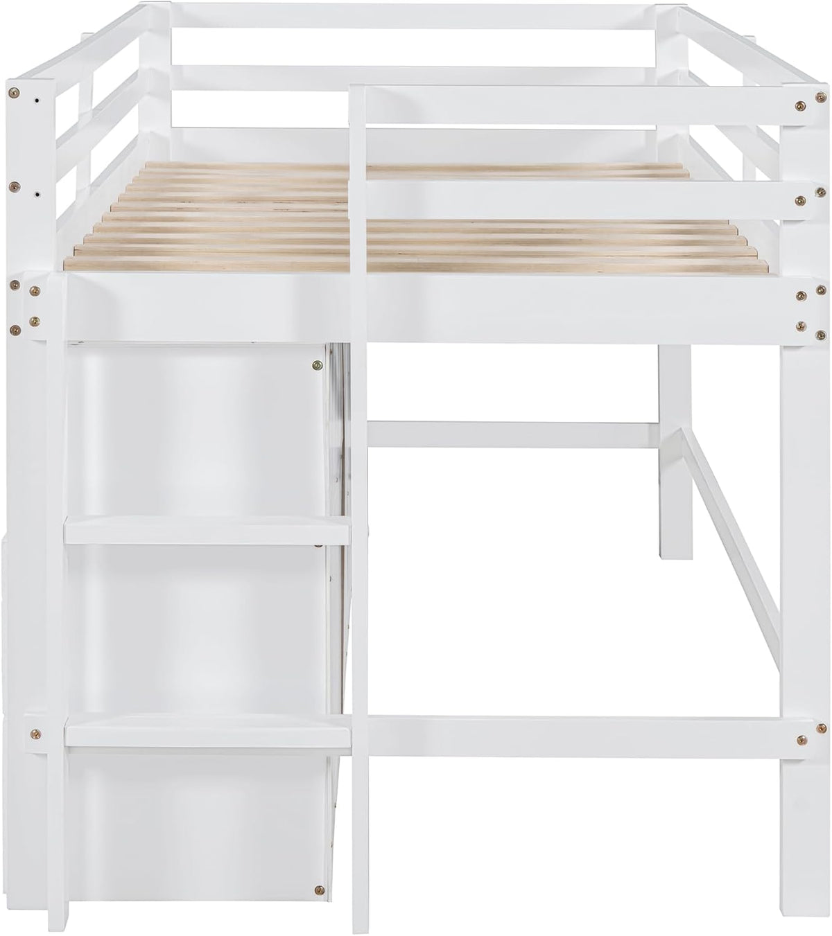 White Wooden Twin Size Loft Bed with 4 Drawers S71216