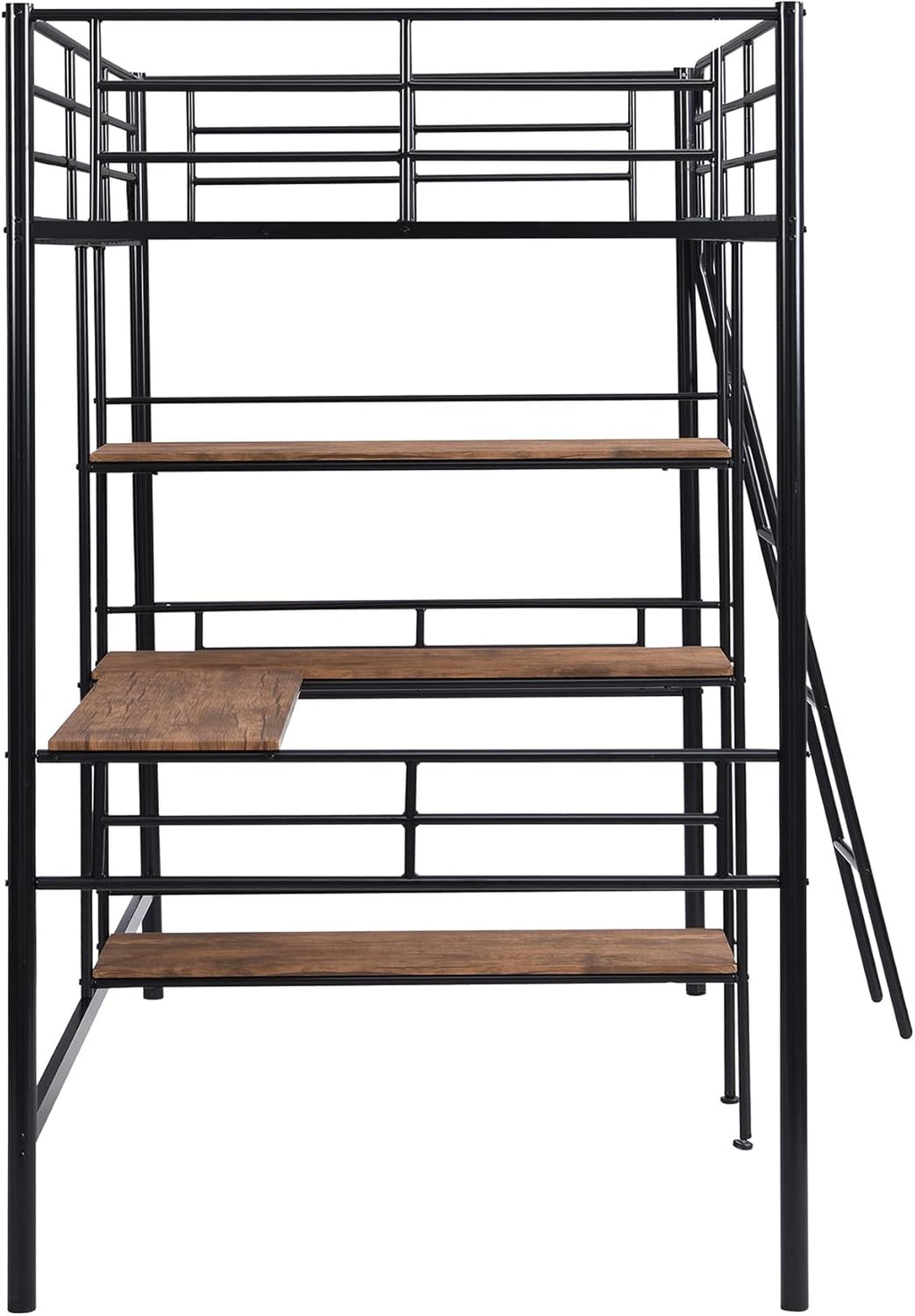 Black Metal Twin Size Loft Bed with Built-in Desk and Shelves Z465