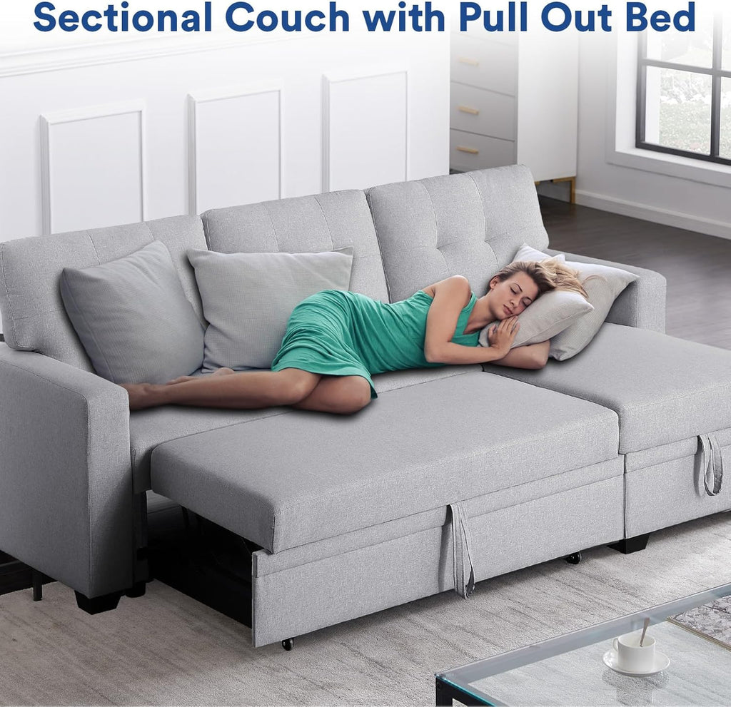 Light Gray L Shaped Couch with Pull Out Bed and Storage Sectional Sleeper Sofa H6147