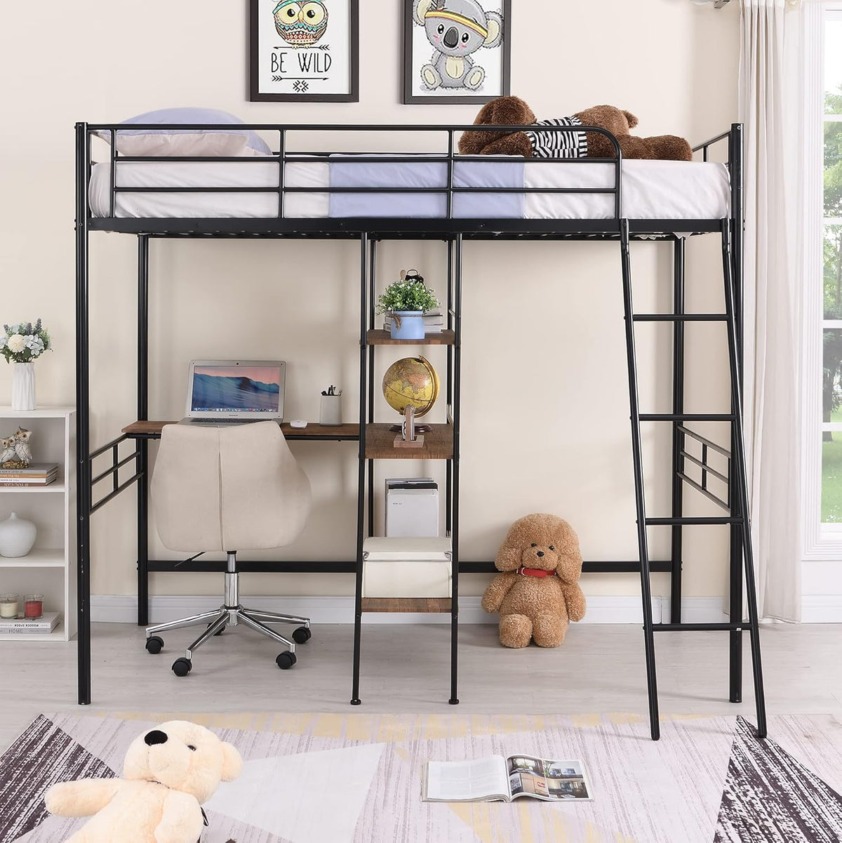 Black Metal Twin Size Loft Bed with Built-in Desk and Shelves Z465
