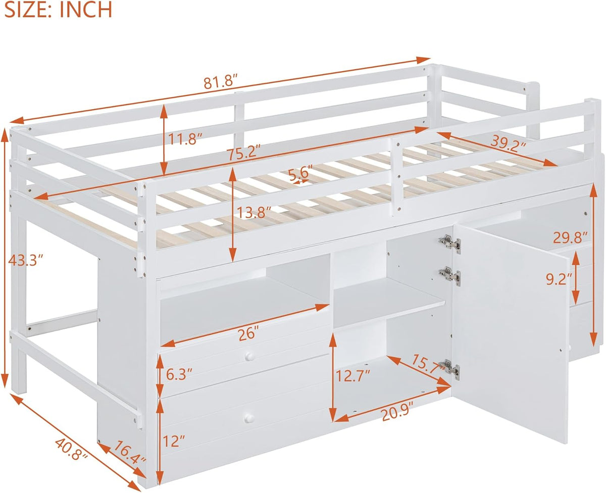 White Wooden Twin Size Loft Bed with 4 Drawers S71216