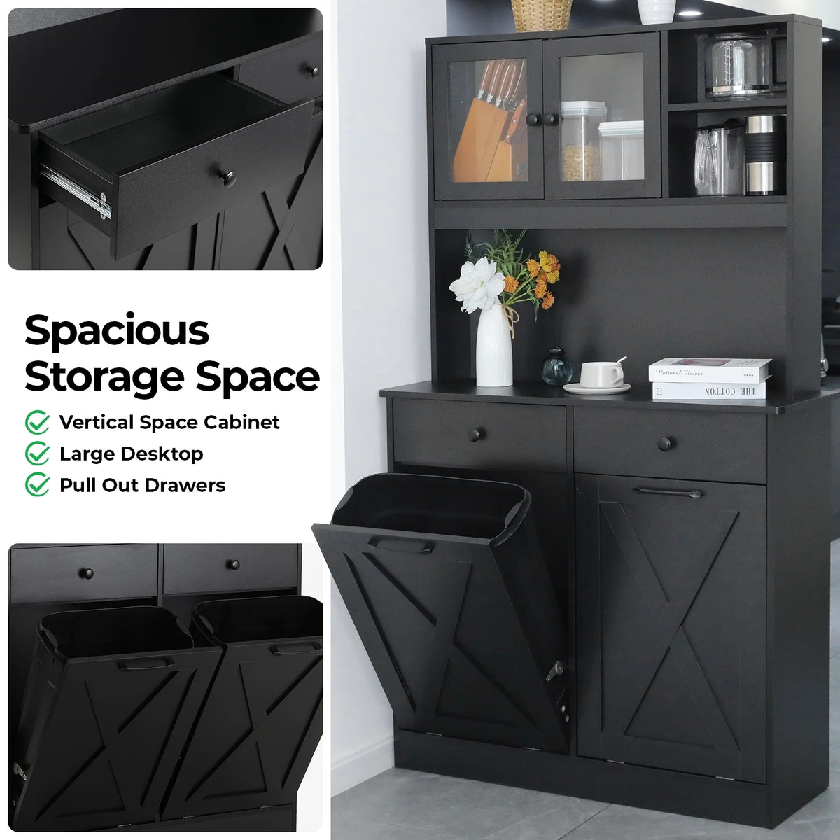 Wooden Double Tilt Out Trash Cabinet with Drawers, Shelves V645692