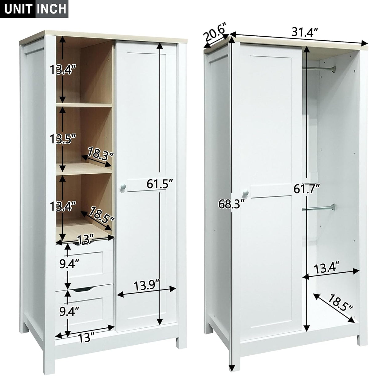 White Freestanding Wooden Wardrobe with 1 Sliding Door and 2 Drawers Q341650